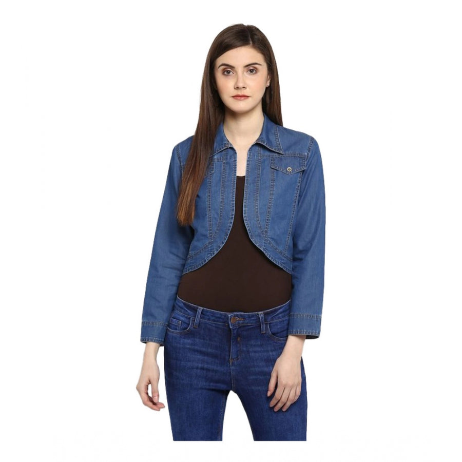 Blue Denim 3/4 Sleeve Shrug for Women - Solid Pattern Casual Outerwear