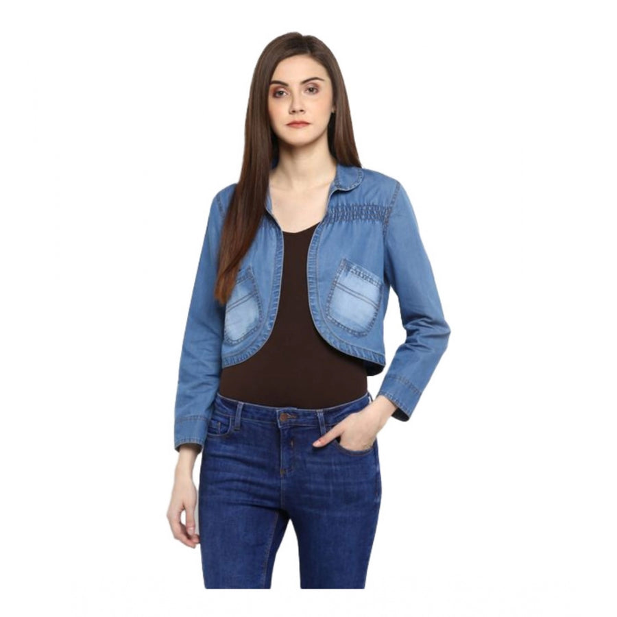 Blue Denim Smocking 3/4 Sleeve Shrug for Women - Casual Outerwear Jacket