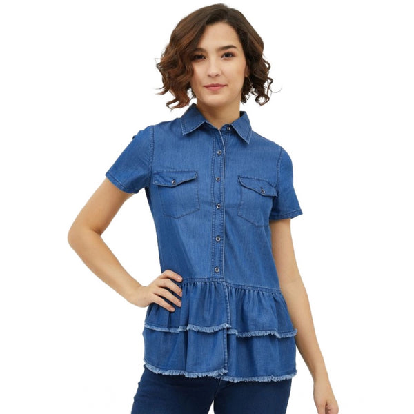 Blue Denim Peplum Top for Women - Short Sleeve Collar Neck Western Wear
