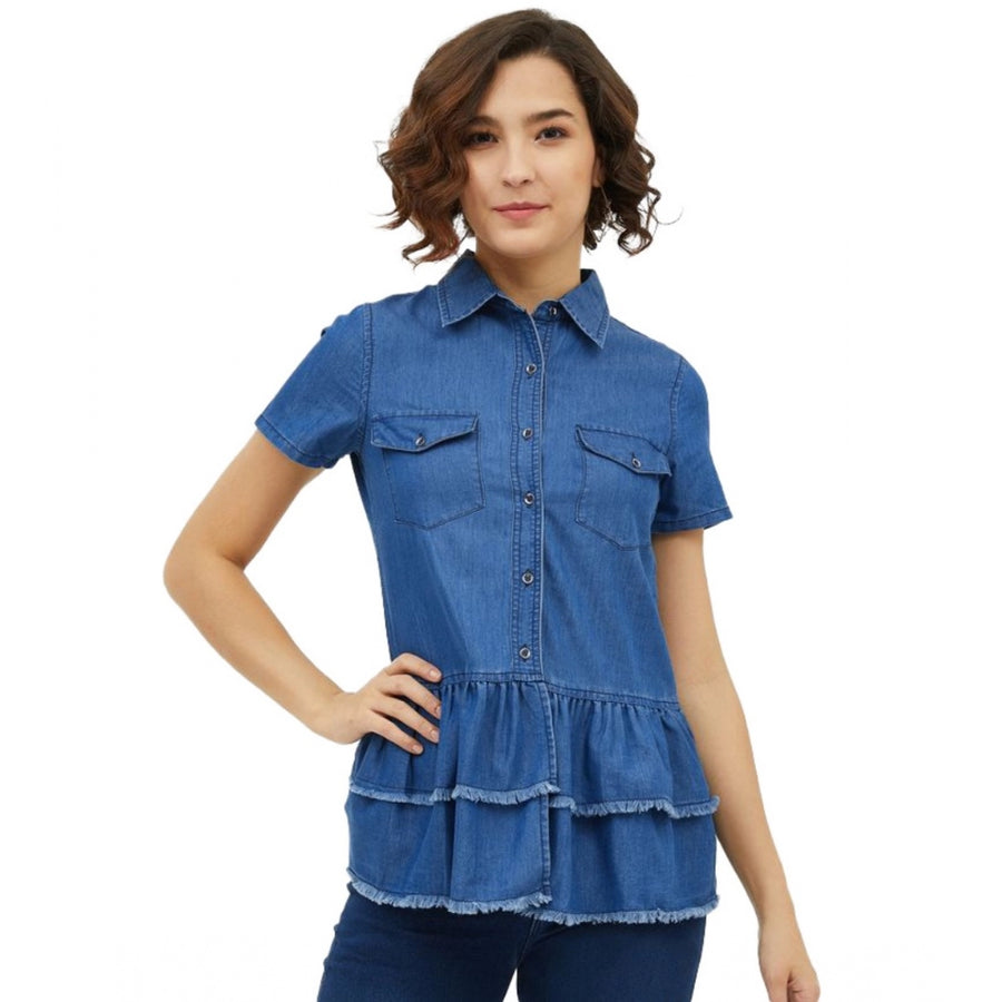 Blue Denim Peplum Top for Women - Short Sleeve Collar Neck Western Wear