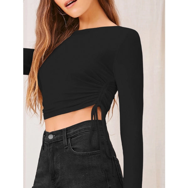 Black Polyester Round Neck Full Sleeve Top for Women - Solid Pattern Casual Wear
