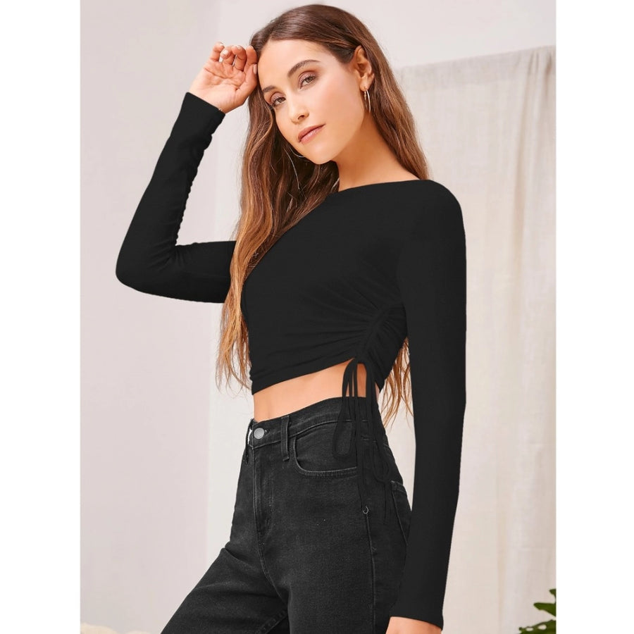 Black Polyester Round Neck Full Sleeve Top for Women - Solid Pattern Casual Wear