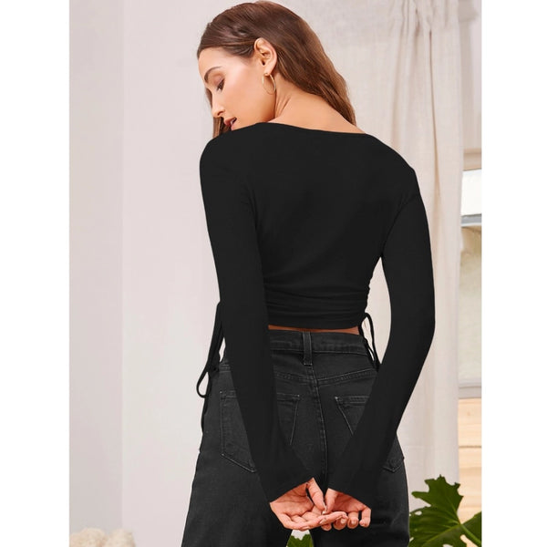 Black Polyester Round Neck Full Sleeve Top for Women - Solid Pattern Casual Wear