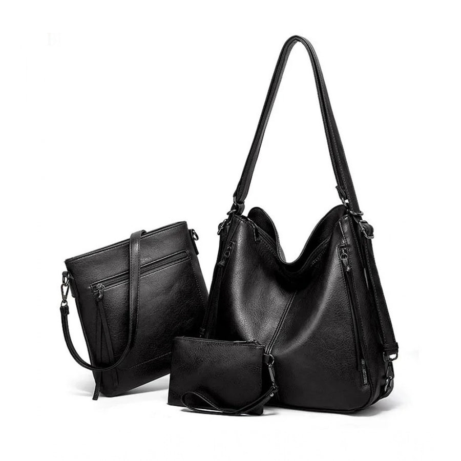 Black PU Leather Medium Shoulder Zipper Handbag for Women - Stylish Everyday Bag