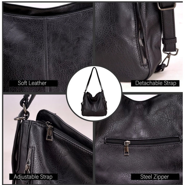 Black PU Leather Medium Shoulder Zipper Handbag for Women - Stylish Everyday Bag