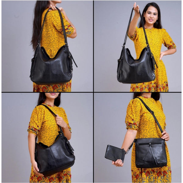 Black PU Leather Medium Shoulder Zipper Handbag for Women - Stylish Everyday Bag