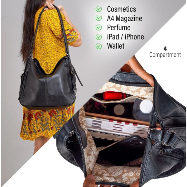 Black PU Leather Medium Shoulder Zipper Handbag for Women - Stylish Everyday Bag