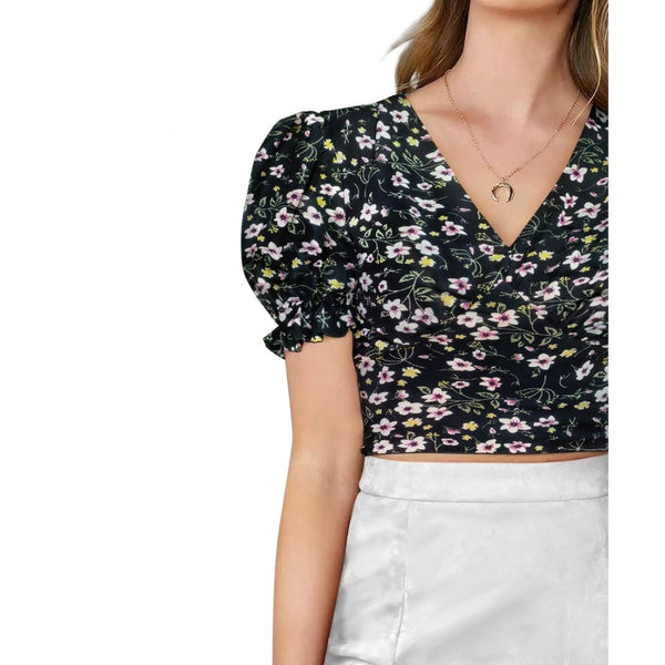 Black Knitting Printed V-Neck Puff Sleeve Top for Women - Regular Length Western Wear
