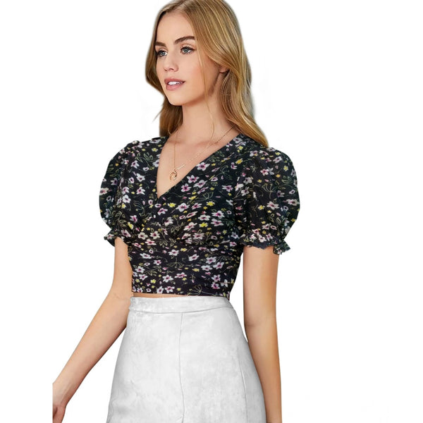 Black Knitting Printed V-Neck Puff Sleeve Top for Women - Regular Length Western Wear