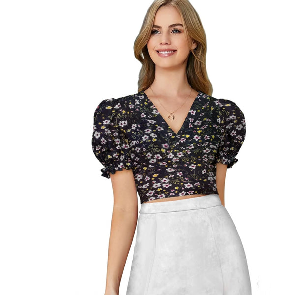 Black Knitting Printed V-Neck Puff Sleeve Top for Women - Regular Length Western Wear