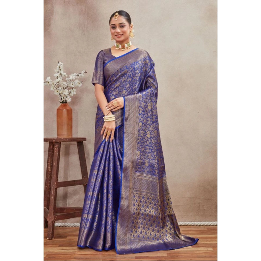 Generic Women's Silk Blend Floral Printed Saree With Unstitched Blouse 5.5Mtr (Royal Blue)
