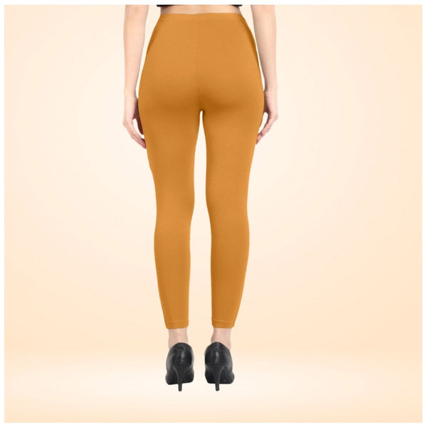 Mustard Yellow Cotton Blended Ankle Leggings for Women - Solid Pattern Comfortable Bottom Wear