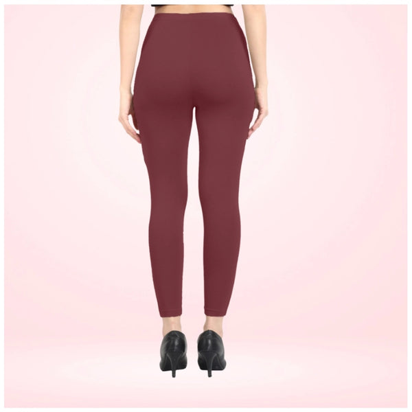 Maroon Cotton Blended Ankle Leggings for Women - Solid Pattern Comfortable Bottom Wear