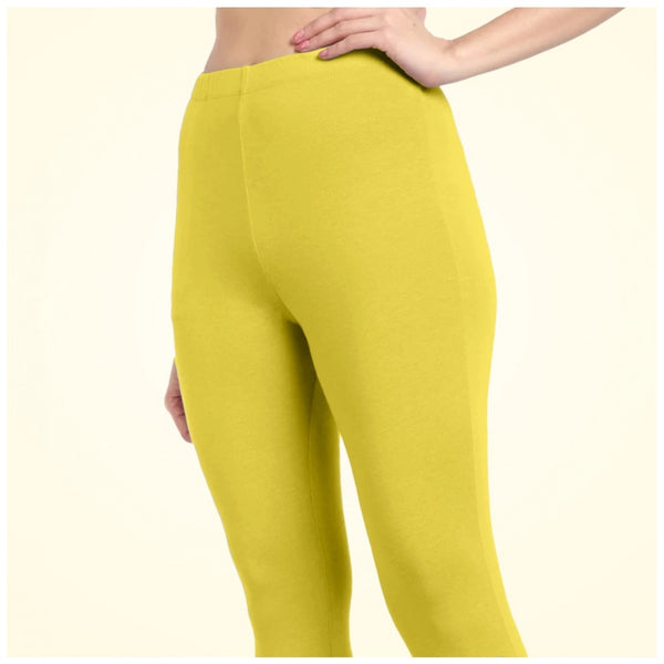 Lemon Yellow Cotton Blended Ankle Leggings for Women - Solid Pattern Comfortable Bottom Wear