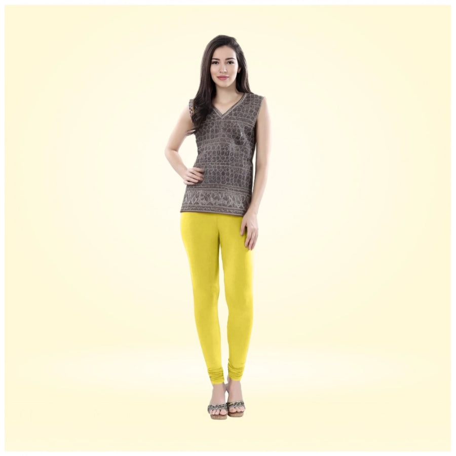 Lemon Yellow Cotton Blended Churidar Leggings for Women - Solid Pattern Comfortable Bottom Wear
