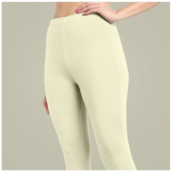 Cream Cotton Blended Ankle Leggings for Women - Solid Pattern Comfortable Bottom Wear