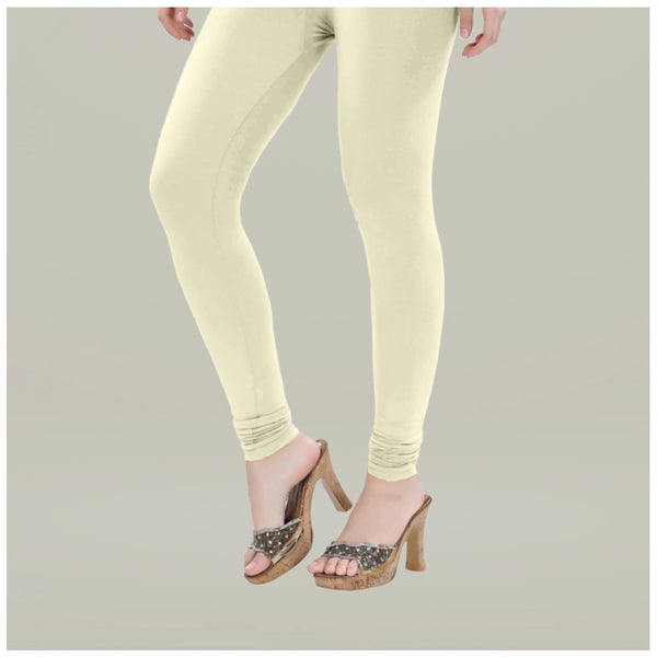 Cream Cotton Blended Churidar Leggings for Women - Solid Pattern Comfortable Bottom Wear