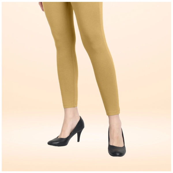 Beige Cotton Blended Ankle Leggings for Women - Solid Pattern Comfortable Bottom Wear
