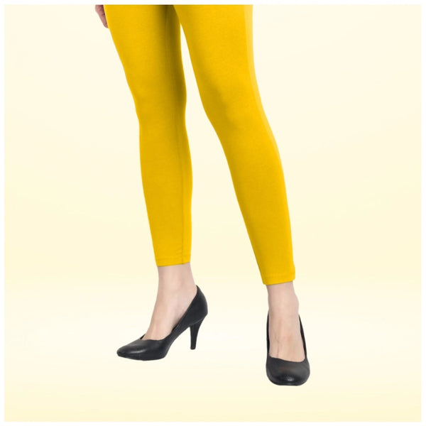 Yellow Cotton Blended Ankle Leggings for Women - Solid Pattern Comfortable Bottom Wear