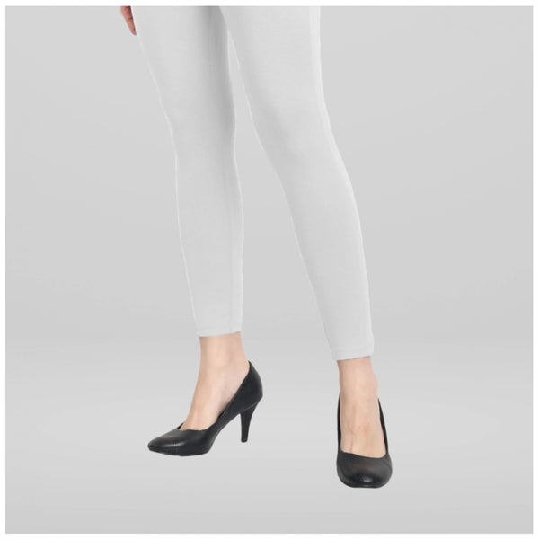 White Cotton Blended Ankle Leggings for Women - Solid Pattern Comfortable Bottom Wear