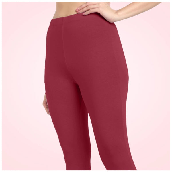 Red Maroon Cotton Blended Ankle Leggings for Women - Solid Pattern Comfortable Bottom Wear
