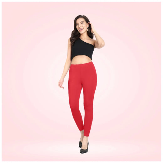 Red Cotton Blended Ankle Leggings for Women - Solid Pattern Comfortable Bottom Wear
