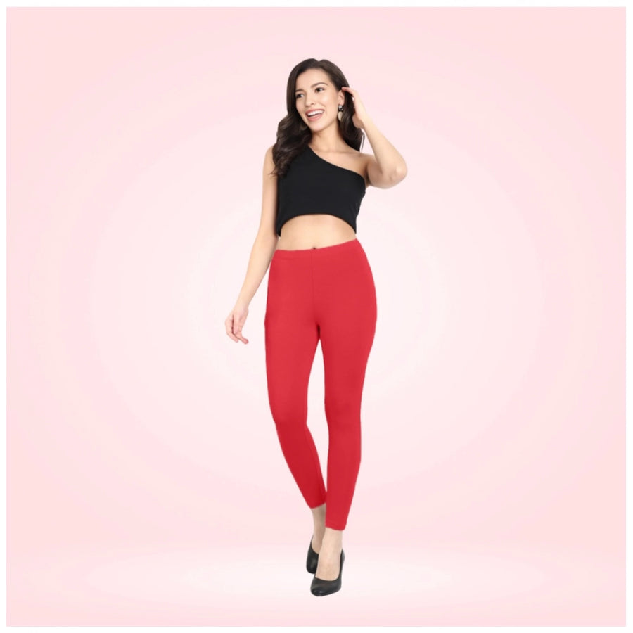 Red Cotton Blended Ankle Leggings for Women - Solid Pattern Comfortable Bottom Wear