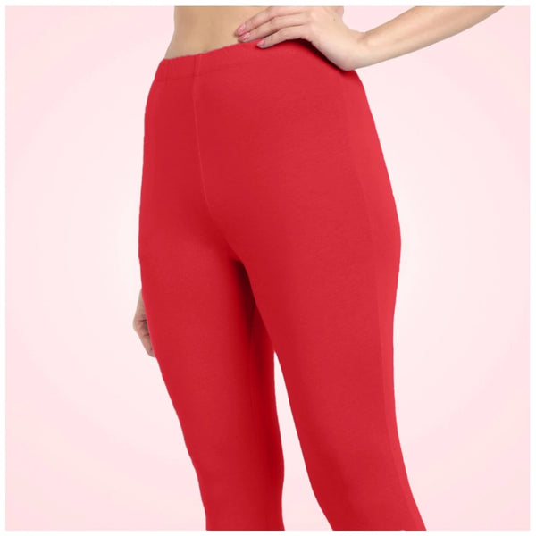 Red Cotton Blended Ankle Leggings for Women - Solid Pattern Comfortable Bottom Wear