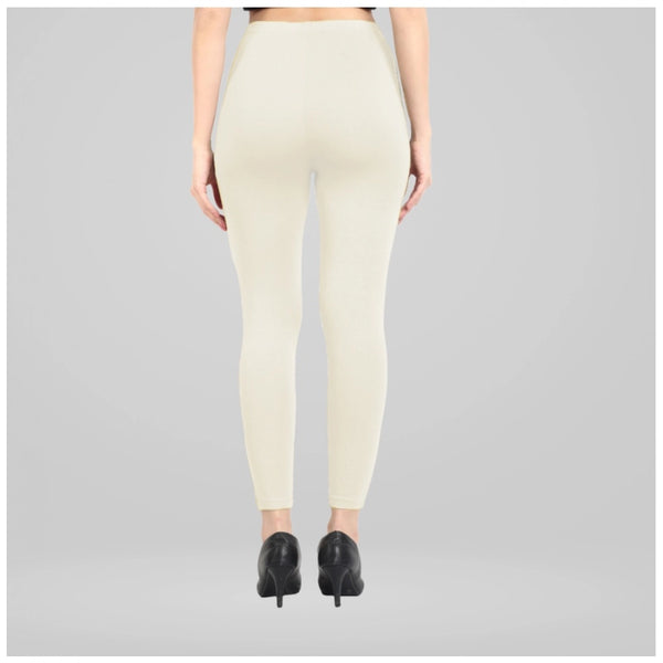 Off White Cotton Blended Ankle Leggings for Women - Solid Pattern Comfortable Bottom Wear