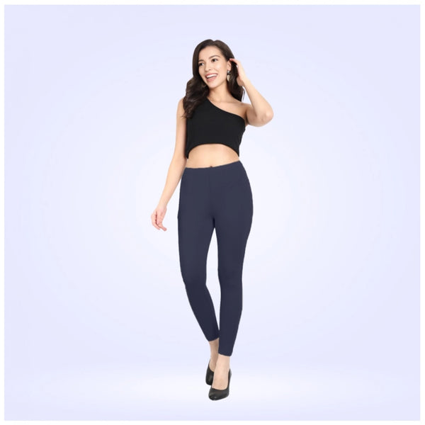 Navy Cotton Blended Ankle Leggings for Women - Solid Pattern Comfortable Bottom Wear