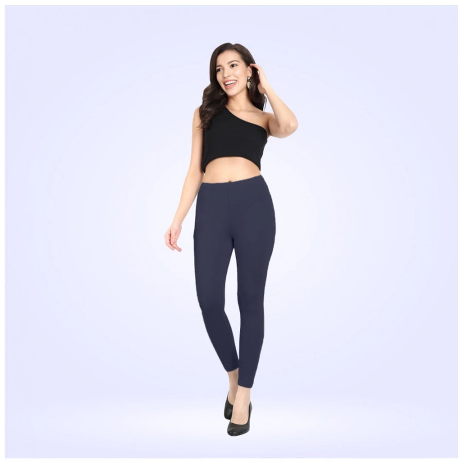 Navy Cotton Blended Ankle Leggings for Women - Solid Pattern Comfortable Bottom Wear