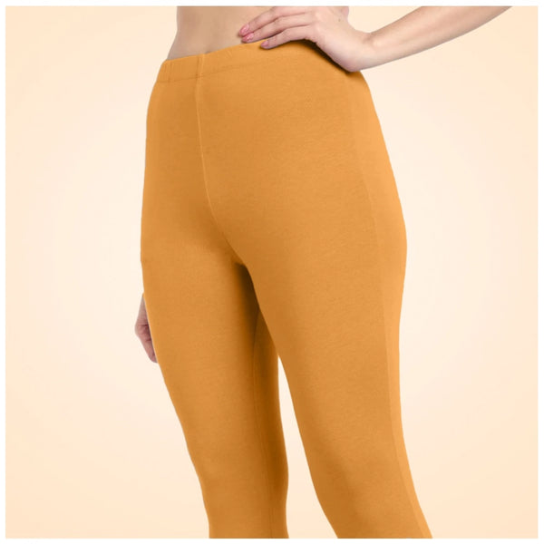 Mustard Yellow Cotton Blended Ankle Leggings for Women - Solid Pattern Comfortable Bottom Wear