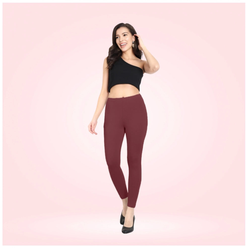 Maroon Cotton Blended Ankle Leggings for Women - Solid Pattern Comfortable Bottom Wear