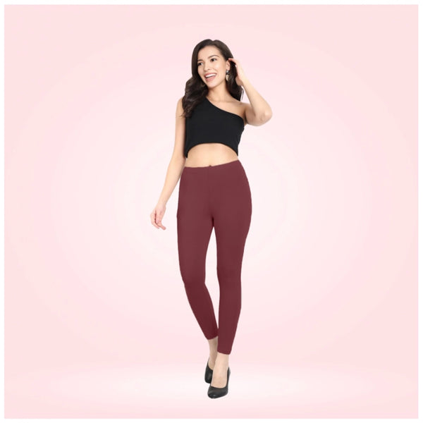 Maroon Cotton Blended Ankle Leggings for Women - Solid Pattern Comfortable Bottom Wear