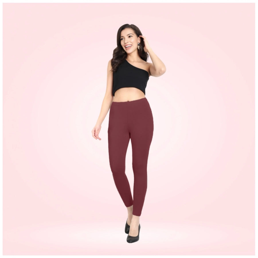 Maroon Cotton Blended Ankle Leggings for Women - Solid Pattern Comfortable Bottom Wear