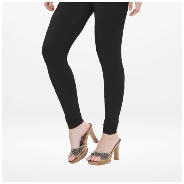 Black Cotton Blended Churidar Leggings for Women - Solid Pattern Comfortable Bottom Wear