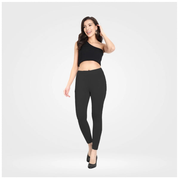 Black Cotton Blended Ankle Leggings for Women - Solid Pattern Comfortable Bottom Wear