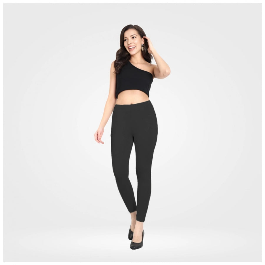 Black Cotton Blended Ankle Leggings for Women - Solid Pattern Comfortable Bottom Wear