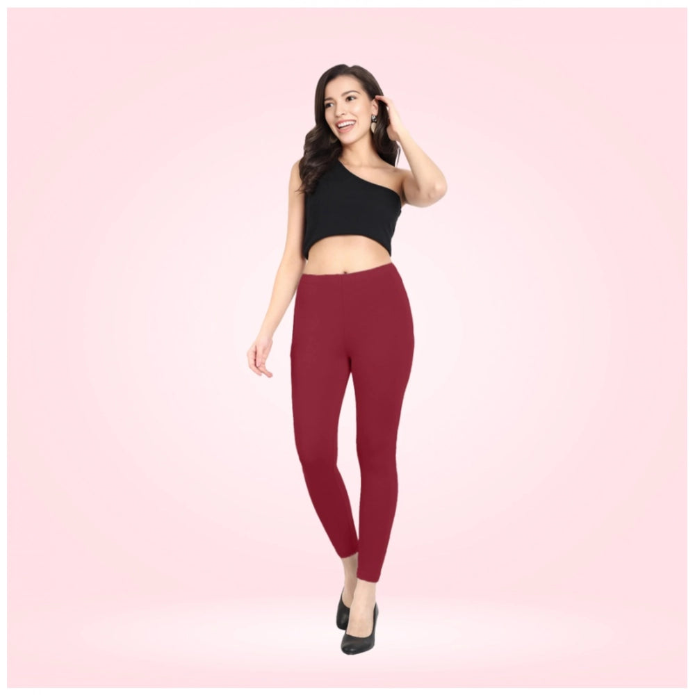 Red Maroon Cotton Blended Ankle Leggings for Women - Solid Pattern Comfortable Bottom Wear