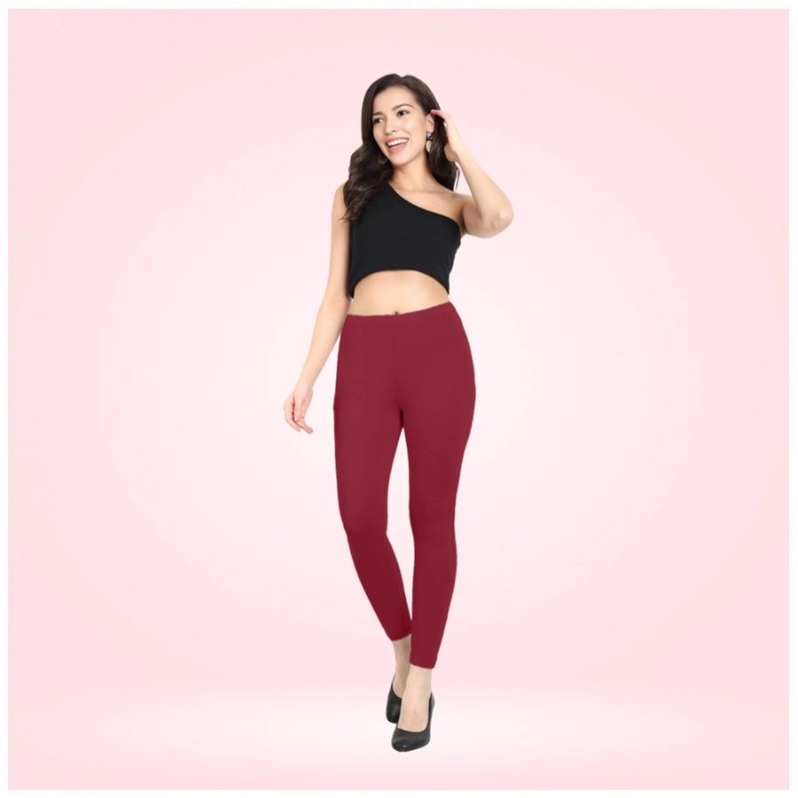 Red Maroon Cotton Blended Ankle Leggings for Women - Solid Pattern Comfortable Bottom Wear