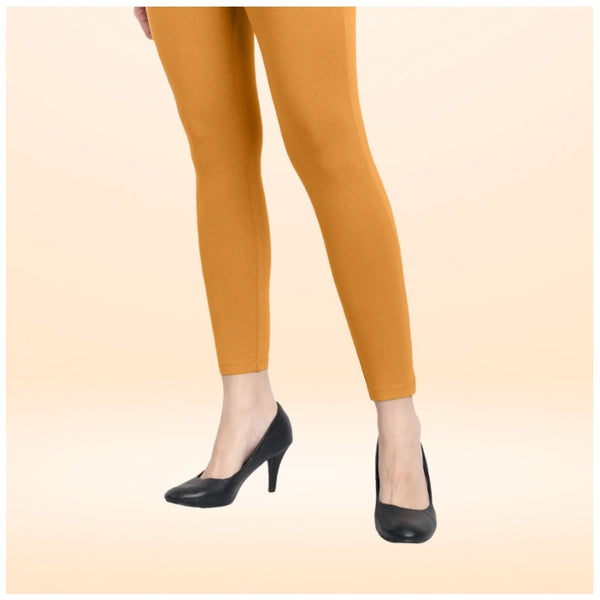 Mustard Yellow Cotton Blended Ankle Leggings for Women - Solid Pattern Comfortable Bottom Wear