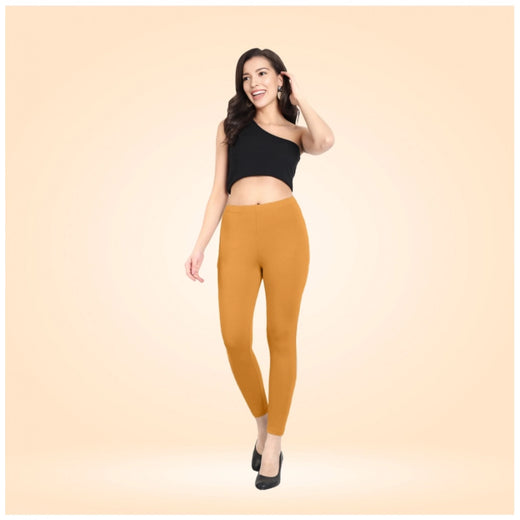 Mustard Yellow Cotton Blended Ankle Leggings for Women - Solid Pattern Comfortable Bottom Wear