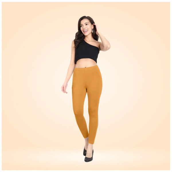 Mustard Yellow Cotton Blended Ankle Leggings for Women - Solid Pattern Comfortable Bottom Wear