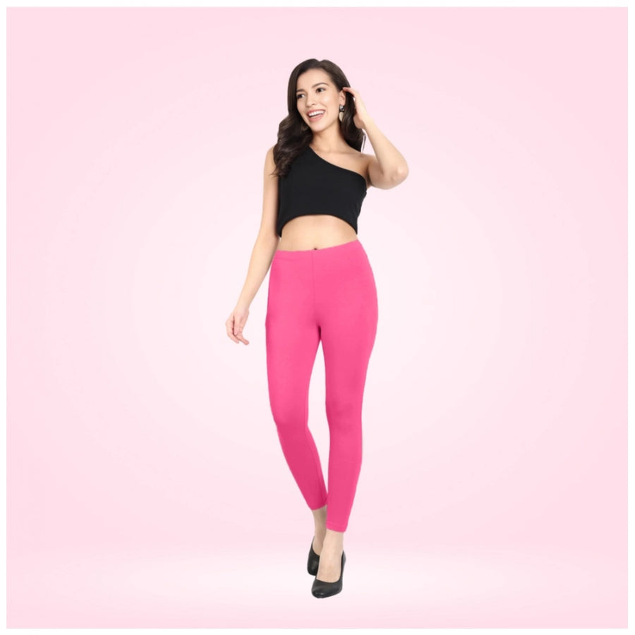 Dark Pink Cotton Blended Ankle Leggings for Women - Solid Pattern Comfortable Bottom Wear