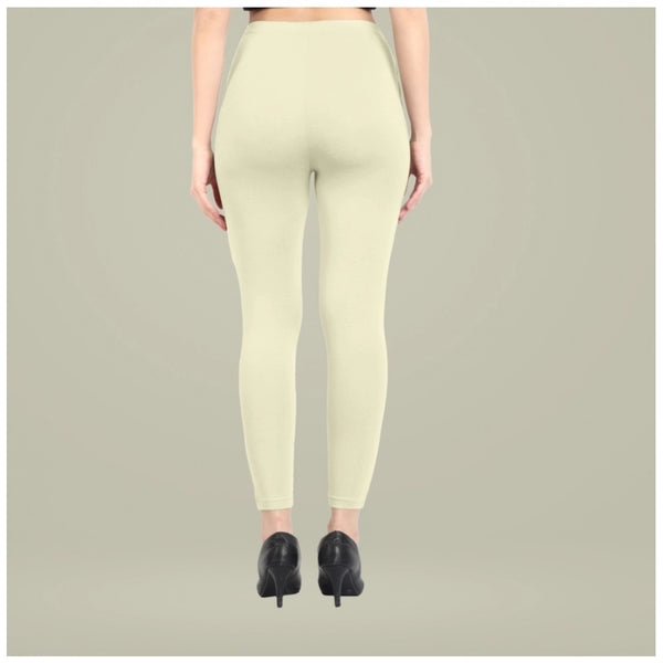 Cream Cotton Blended Ankle Leggings for Women - Solid Pattern Comfortable Bottom Wear