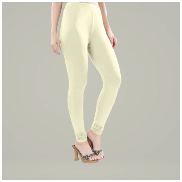 Cream Cotton Blended Churidar Leggings for Women - Solid Pattern Comfortable Bottom Wear