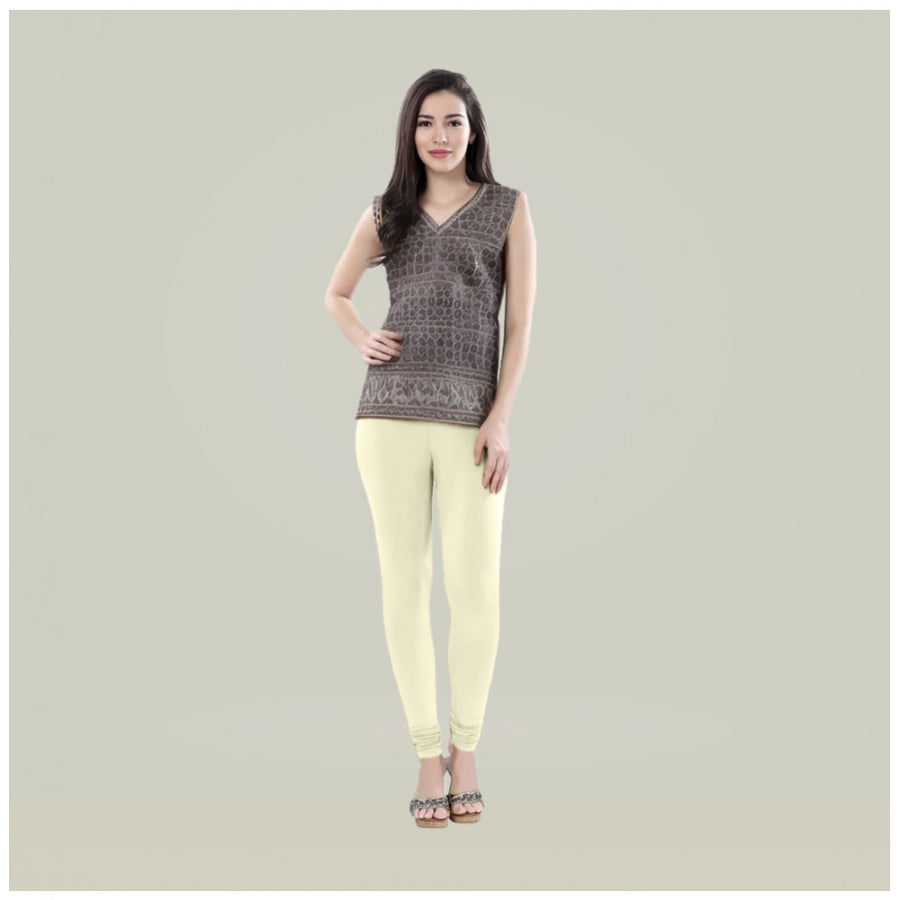 Cream Cotton Blended Churidar Leggings for Women - Solid Pattern Comfortable Bottom Wear