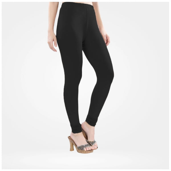 Black Cotton Blended Churidar Leggings for Women - Solid Pattern Comfortable Bottom Wear