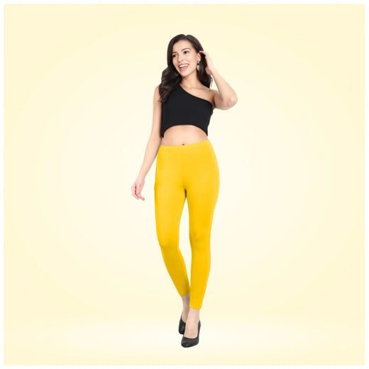 Yellow Cotton Blended Ankle Leggings for Women - Solid Pattern Comfortable Bottom Wear
