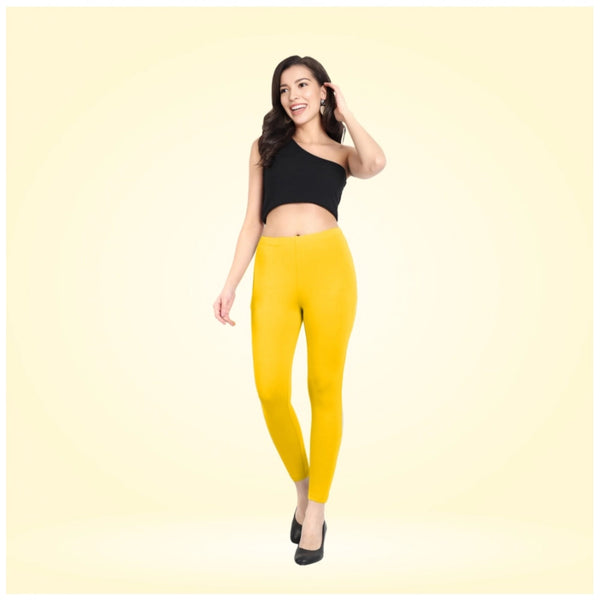 Yellow Cotton Blended Ankle Leggings for Women - Solid Pattern Comfortable Bottom Wear